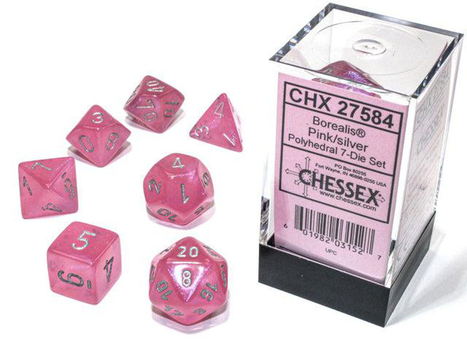 CHX27584 - Chessex: Borealis Pink/silver Luminary Polyhedral 7-Dice Set